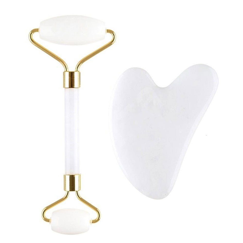 Rola pentru masaj facial si corporal SIKS®, cu accesoriu, piatra de Jad, intinerire a pielii, Alb