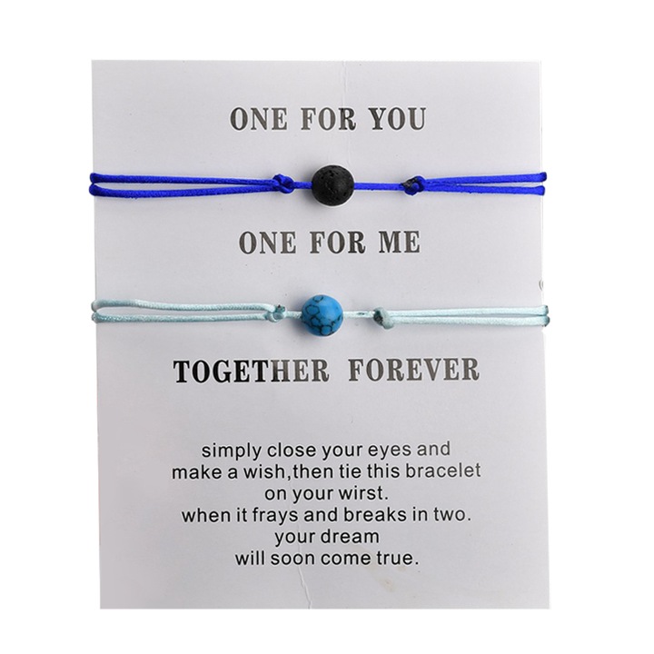Set 2 bratari cuplu pinky promise, pandantiv biluta, reglabile, din sfoara, albastra si turcoaz, EFAYN.RO