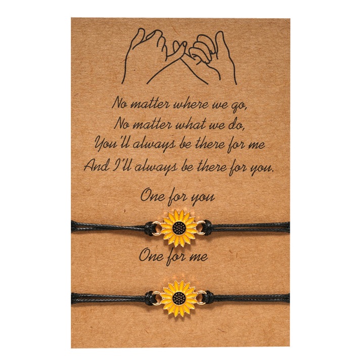 Set 2 bratari cuplu pinky promise, pandantiv floarea soarelui, reglabile, din sfoara, negre, EFAYN.RO