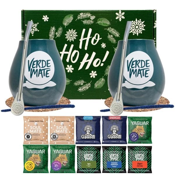Set cadou de Craciun Yerba Mate Verde Mate, 10 tipuri de ceai, 2 cani cu accesorii, Multicolor