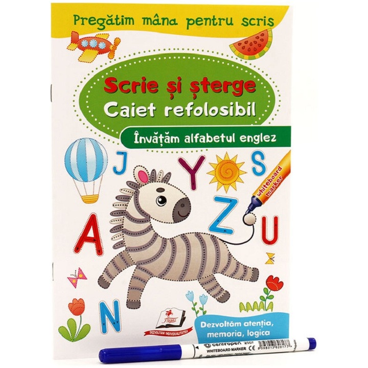 Scrie Si Sterge. Invatam Alfabetul Englez. Caiet Refolosibil + Whiteboard Marker