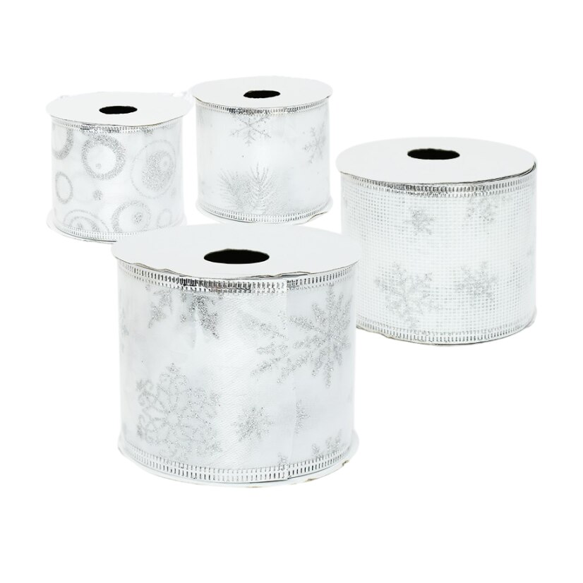 Set 4 Panglici Decorative pentru Craciun, Latime 6.0 cm, Lungime 2.5 m, Alb/Argintiu