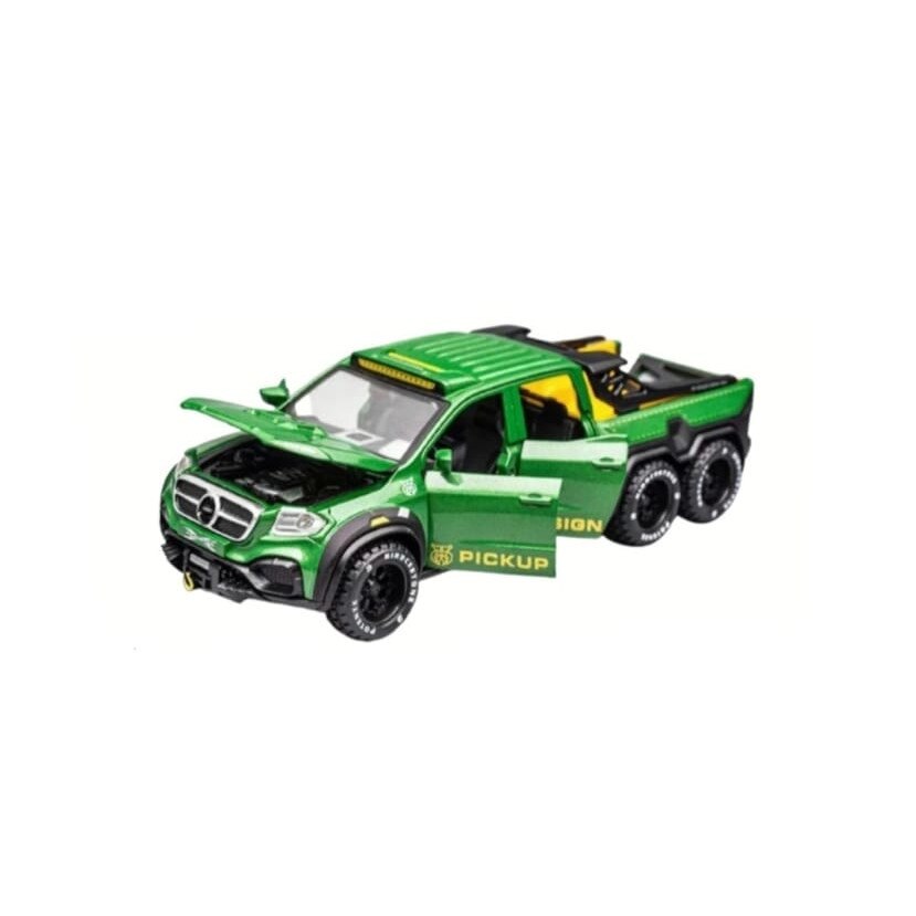 Masinuta metal mecanica , Mercedes Pickup Class 6x6 , 3 sunete, usi mobile, capota mobila, portbagaj mobil , verde , 20 cm