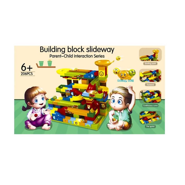 Cuburi constructii pentru copii, sa realizam un tobogan, 206 piese, multicolor