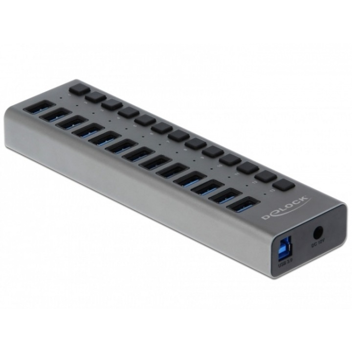 USB Hub Delock 63738,13 x USB-A, 1 x USB-B, 5 Gbps, indicator LED, Gri