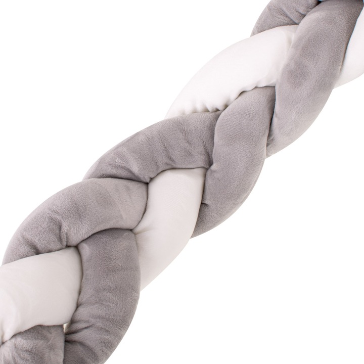 Protectie laterala impletita pentru patut bebe, 9x300 cm, Gri/Alb