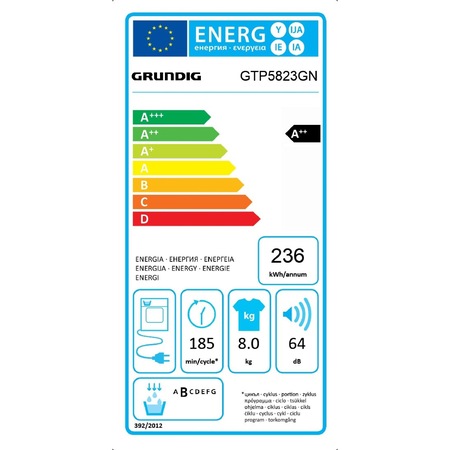 Uscator de rufe GRUNDIG GTP5823GN, Pompa de caldura, 8 kg, 15 programe, Clasa A++, Alb