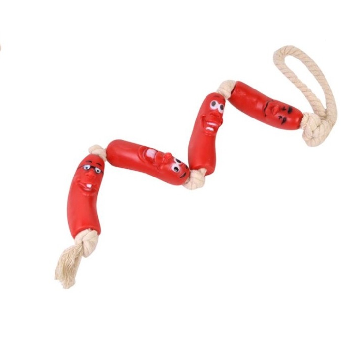 CRT Happy dog Kiskutya játék, 4 boldog kolbász kötélen, barna