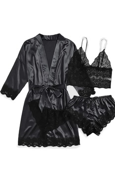 Compleu Lenjerie Sexy dama, 4 piese, din satin si dantela, Negru cu dantela Compleu Lenjerie Sexy dama, 4 piese, din satin si dantela, Negru cu dantela