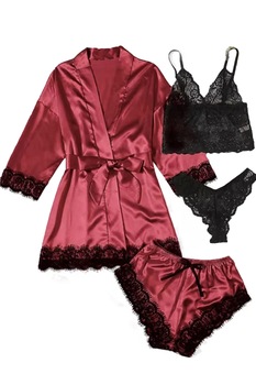 Compleu Lenjerie Sexy dama, 4 piese, din satin si dantela, Rosu/Negru Compleu Lenjerie Sexy dama, 4 piese, din satin si dantela, Rosu/Negru