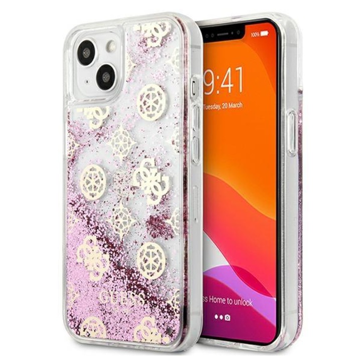 Husa Guess GUHCP13SLGPEPI compatibila cu iPhone 13 Mini, Peony Liquid Glitter, Roz
