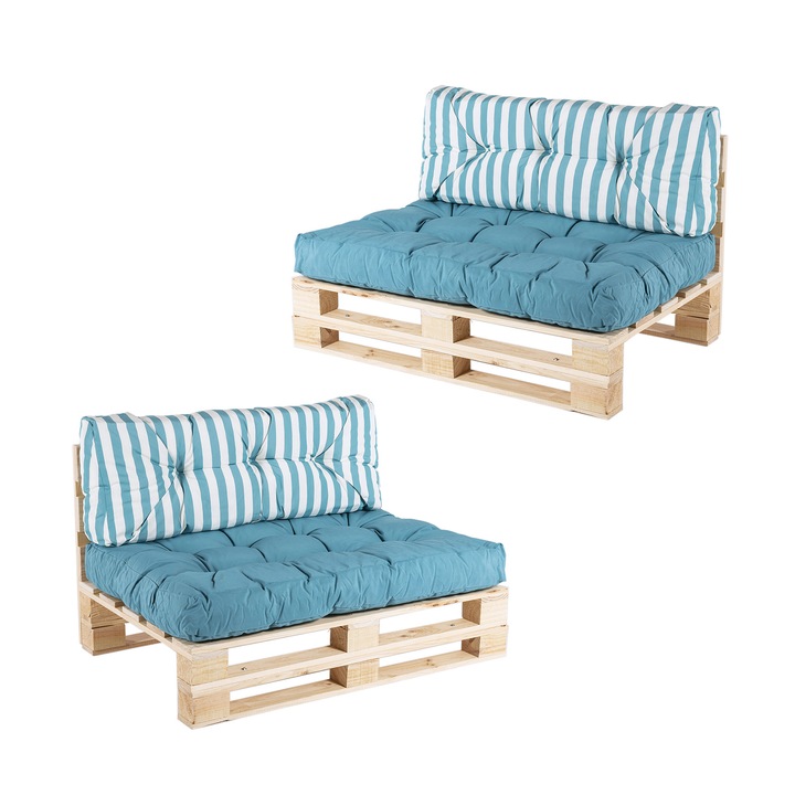 Set 2 canapele paleti pentru gradina, Lemn/Poliester, Perne incluse, 80/42x120x16 cm, Turcoaz/Alb