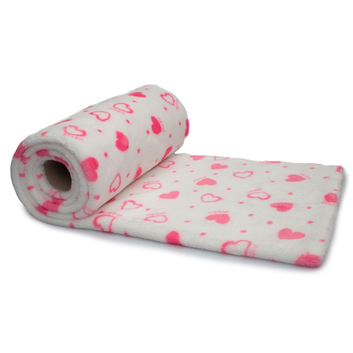 Kötött Minky Plus, kétoldalas, nyomott szívmintás, színű Pink, mérete 50 cm x 160 cm