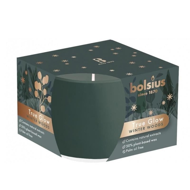 Свещ Bolsius True Glow, стъкло, растителен восък, аромат на зимно дърво, 24 часа, 63x90 mm