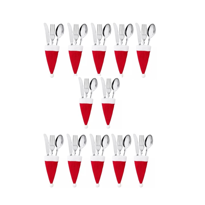 Set 12 mini caciulite pentru tacamuri, model de Craciun, alb cu rosu