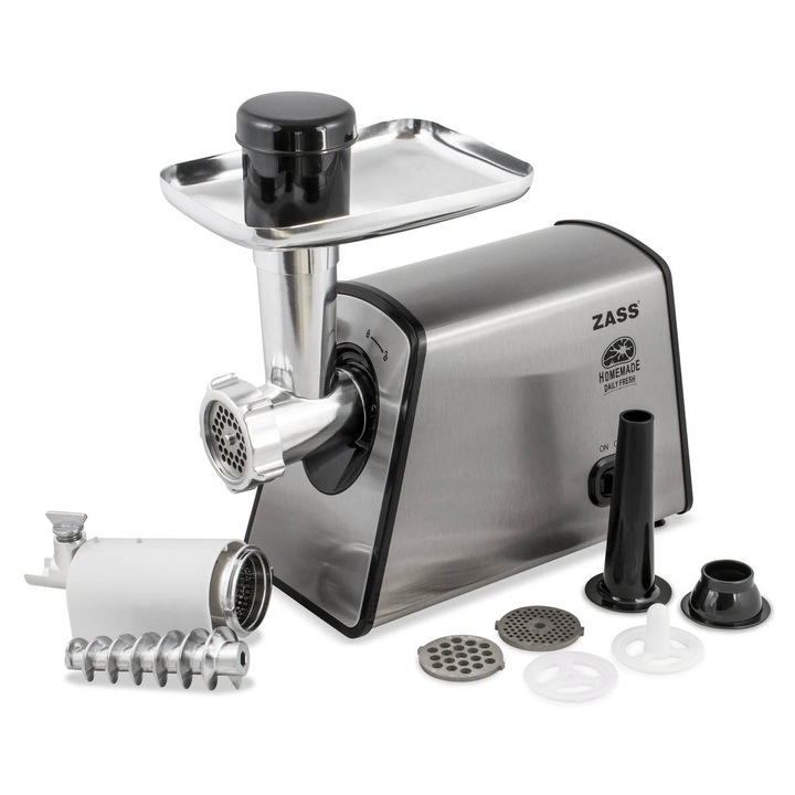 Masina de tocat carne Zass ZMG 14, Putere 1600W, Putere nominala 600W, Toaca aprox 1,6Kg/min, Accesoriu carnati, Accesoriu rosii, 3 discuri din inox