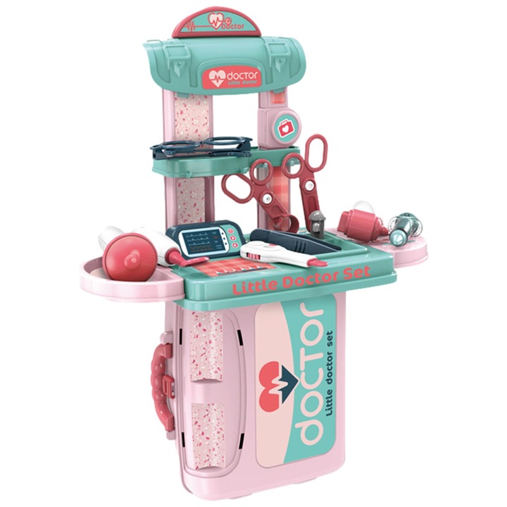 Комплект за игра, Детски медицински комплект 3в1, трансформиращ се в медицински шкаф, във формата на куфар с дръжка, включва стетоскоп, очила, спринцовка, ножица, лесен за сглобяване, 27 см ширина