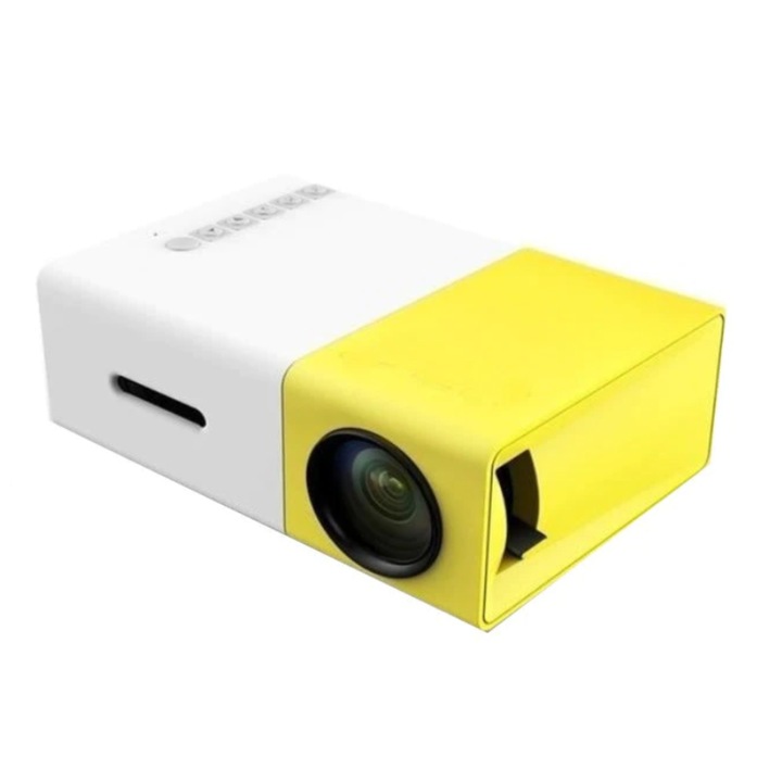 Мини видео проектор KlaussTech Full HD 1080p, преносим, 12,5 x 8,5 x 4,5 cm, HDMI и USB вход, модерен, бял/жълт