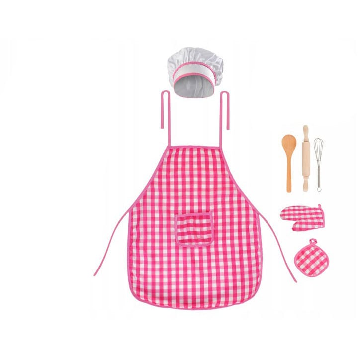 Детски кухненски комплект Zola®, Sort, шапка, ръкавица и прибори, бяло и розово