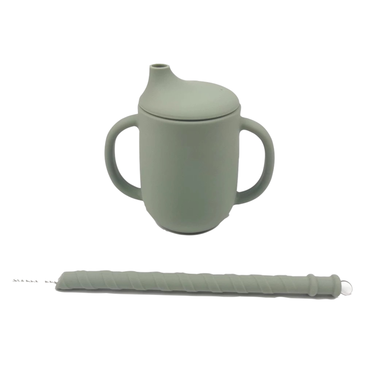 OEM szilikon gyerek bögre, szívószállal, fedővel és tisztítókefével, olivazöld