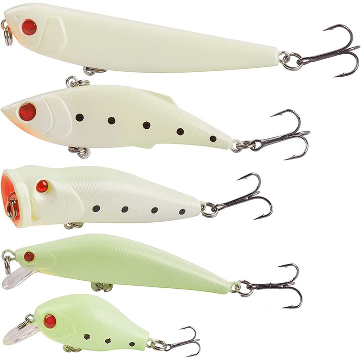 Set 5 naluci fosforescente, apa dulce/sarata, carlig triplu, ABS, 19 x 10 x 3 cm, Alb