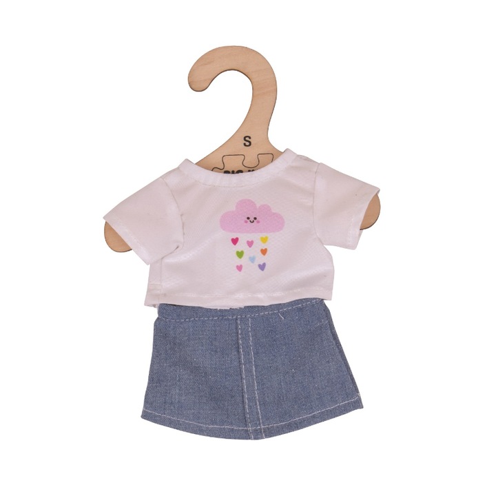 Fehér póló farmer szoknyával babának, Bigjigs Toys, 28cm