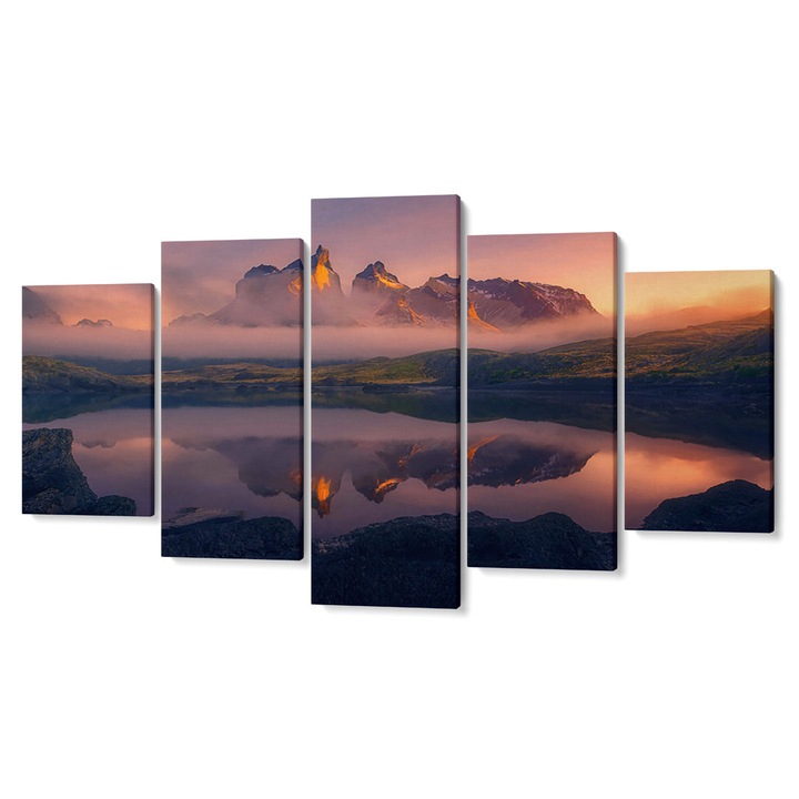 Комплект от 5 Tabouri Premium multicanvas декор, Creste в залеза, отражение във водата, 55 x 100 cm