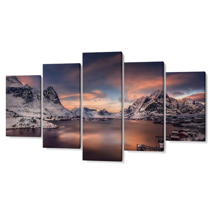 Комплект от 5 Tabouri premium multicanvas декор, Езеро и планини със сняг, 80 x 150 cm