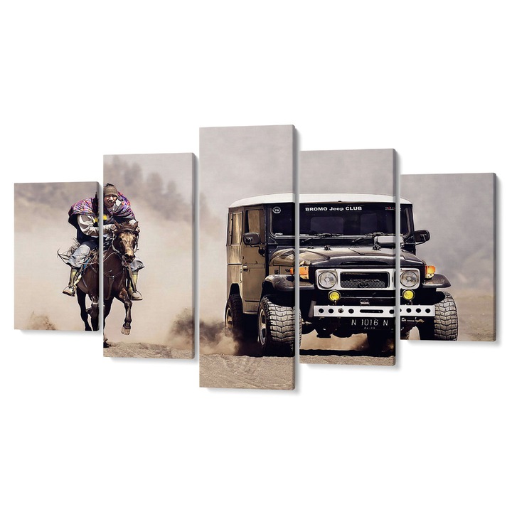 Комплект от 5 Tabouri premium multicanvas декор, Конник и кола в пустинята, 105 x 200 cm