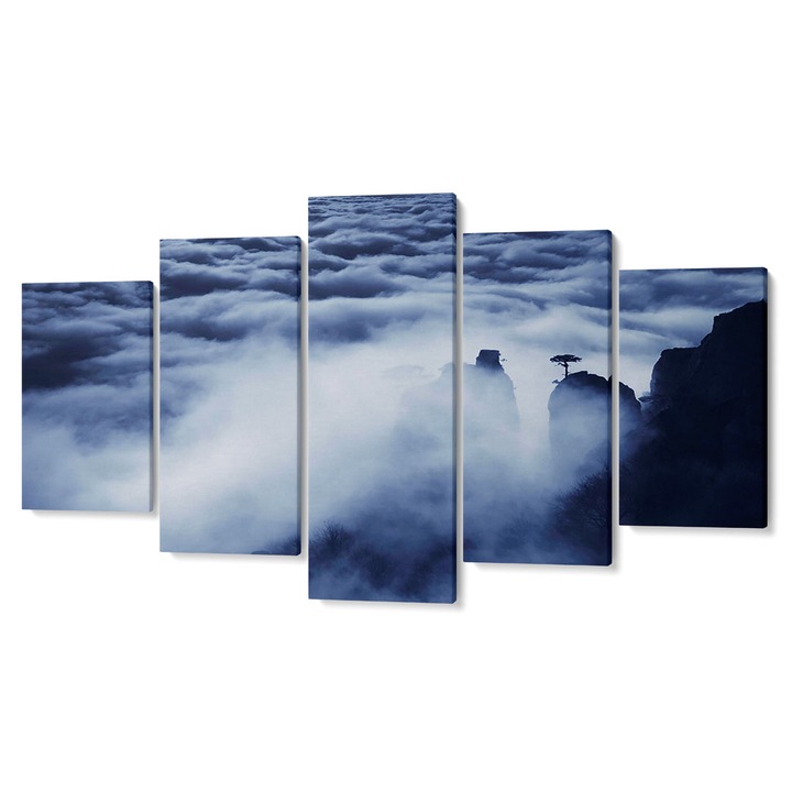 Комплект от 5 Tabouri premium multicanvas декор, Скали и дърво в облаците, 80 x 150 cm