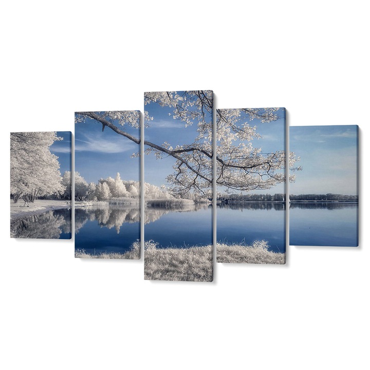 Комплект от 5 Tabouri premium multicanvas декор, син лак и снежни дървета, 105 x 200 cm