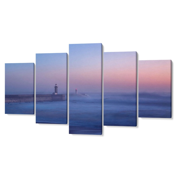 Set 5 piese Tabouri Decor multicanvas premium, Far pe fundal albastru-mov, 105 x 200 cm