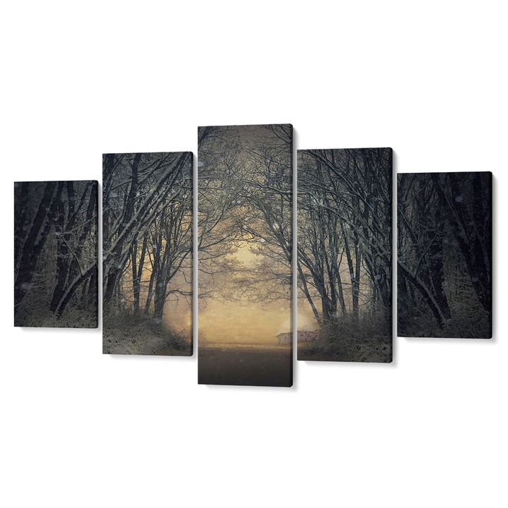 Комплект от 5 Tabouri premium multicanvas декор, Път през снега, под дърветата, 105 x 200 см