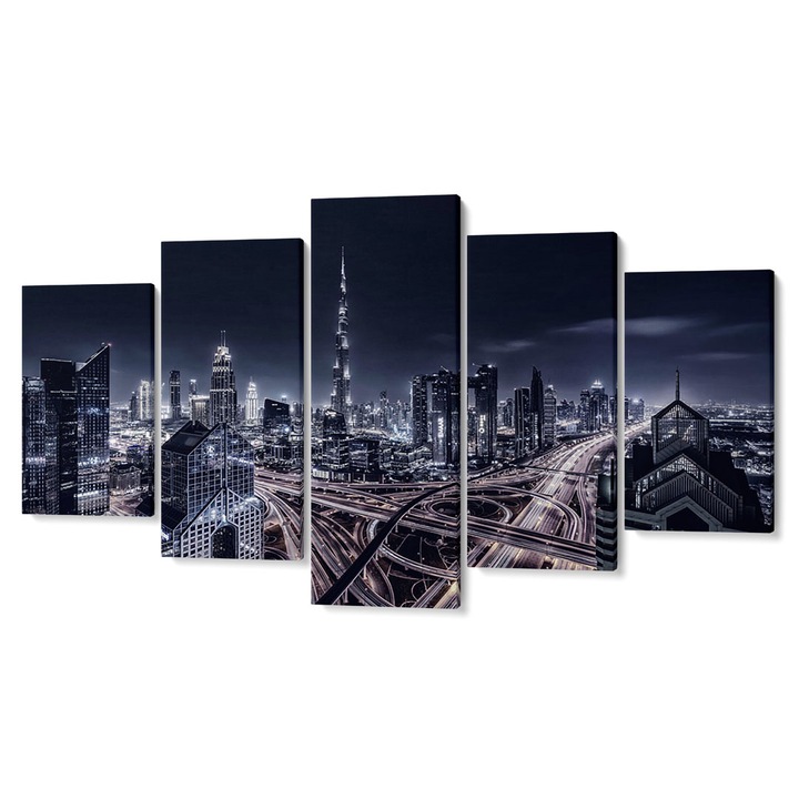 Комплект от 5 Tabouri premium multicanvas декор, Магистрала в града, нощ I, 55 x 100 cm