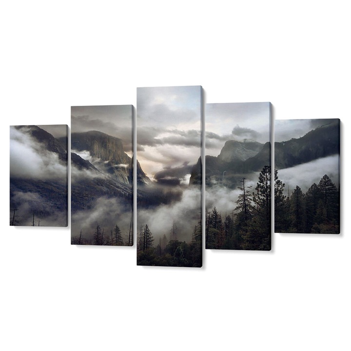 Комплект от 5 Tabouri premium multicanvas декор, Мъгла и облаци над ели и скали, 80 x 150 cm
