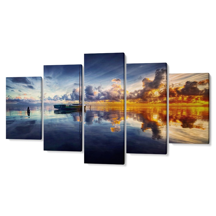 Комплект от 5 части Tabouri Decor, Мултиканава, Празна лодка във вода и небе с облаци, 105 x 200 см