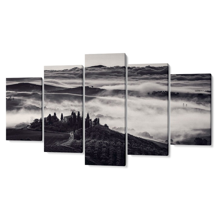 Комплект от 5 Tabouri premium multicanvas декор, Пейзаж в мъгла, с къща и дървета, 55 x 100 cm