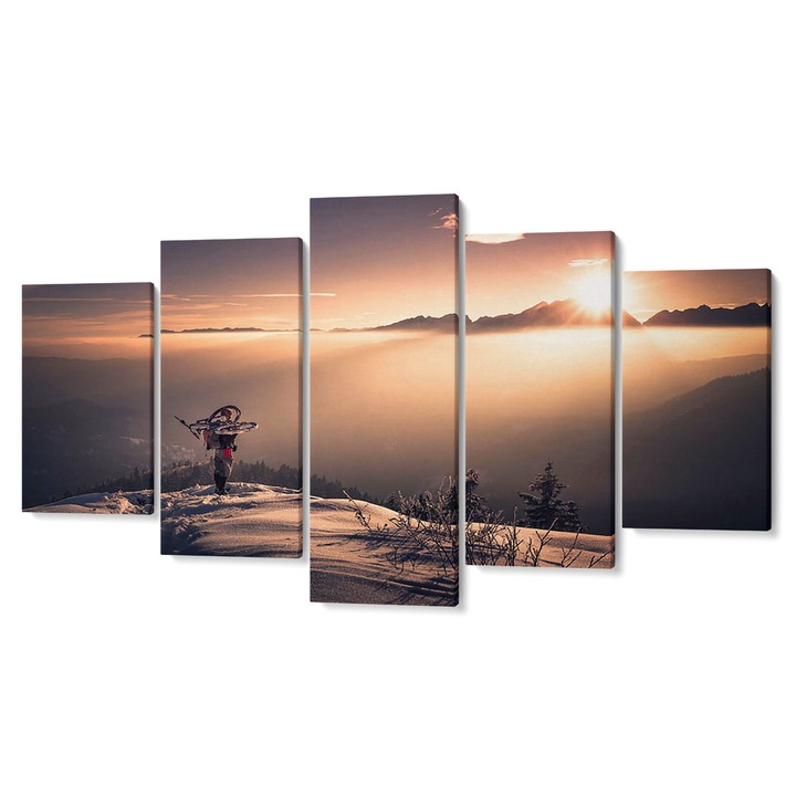 Комплект от 5 Tabouri premium multicanvas декор, Слънце и мъгла на планински връх, зима, 55 x 100 cm