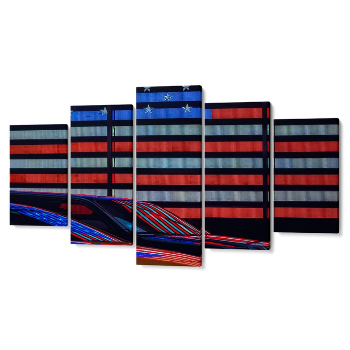 Комплект от 5 части Tabouri Premium мултиканавазен декор, флаг на САЩ, ивици и звезди, отразени в автомобили, 105 x 200 cm