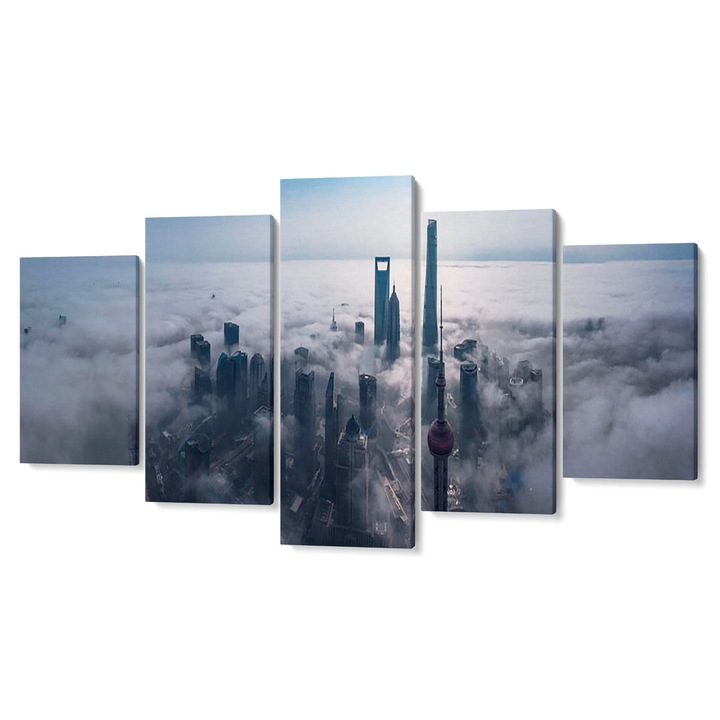 Комплект от 5 Tabouri premium multicanvas декор, Небостъргачи в мъглата, 80 x 150 cm