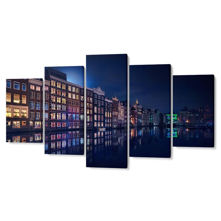 Картини от 5 части Tabouri Premium декор от много платна, Симетрия, сгради със светещи прозорци, 105 x 200 см