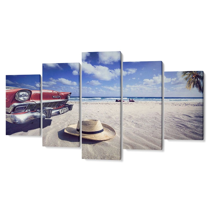Комплект от 5 Tabouri premium multicanvas декор, Червена кола и сламена шапка на плажа, 105 x 200 cm
