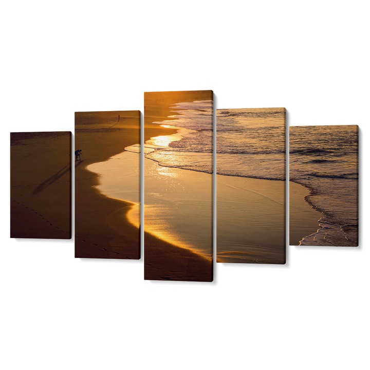 Комплект от 5 Tabouri premium multicanvas декор, Плаж и вълни в жълта светлина, 80 x 150 cm