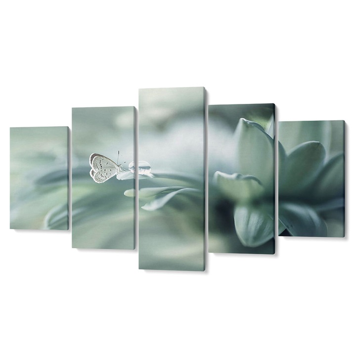 Set 5 piese Tabouri Decor multicanvas premium, Fluture si floare alba, 105 x 200 cm