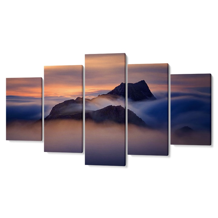 Комплект от 5 Tabouri premium multicanvas декор, Планински връх в мъгла при залез слънце, 55 x 100 cm
