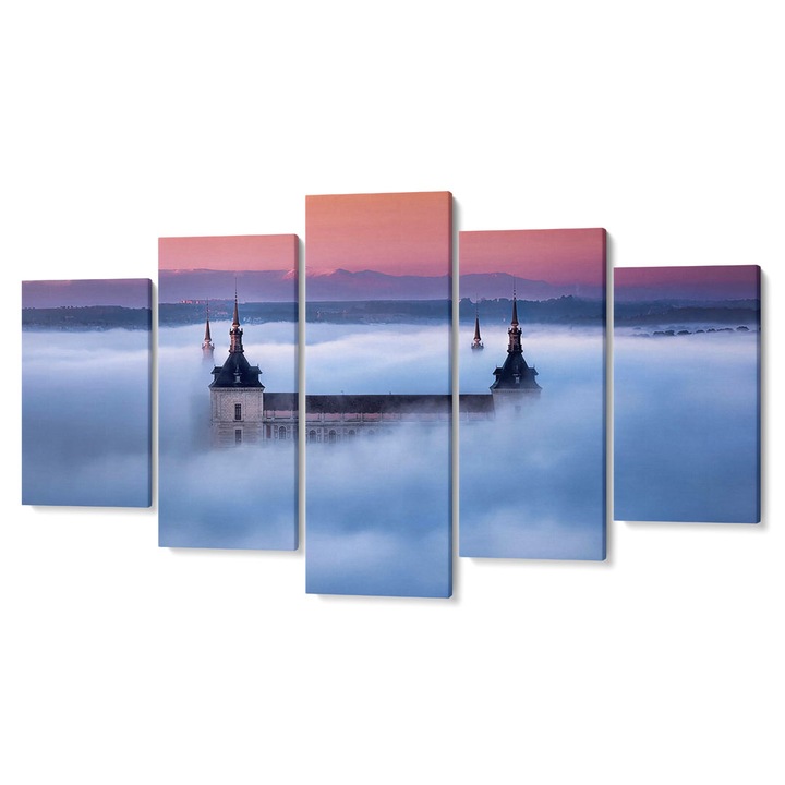 Комплект от 5 Tabouri premium multicanvas декор, Сграда в облаци или мъгла, 55 x 100 cm
