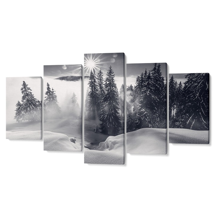 Комплект от 5 Tabouri premium multicanvas декор, слънце, елхи и сняг, 55 x 100 см