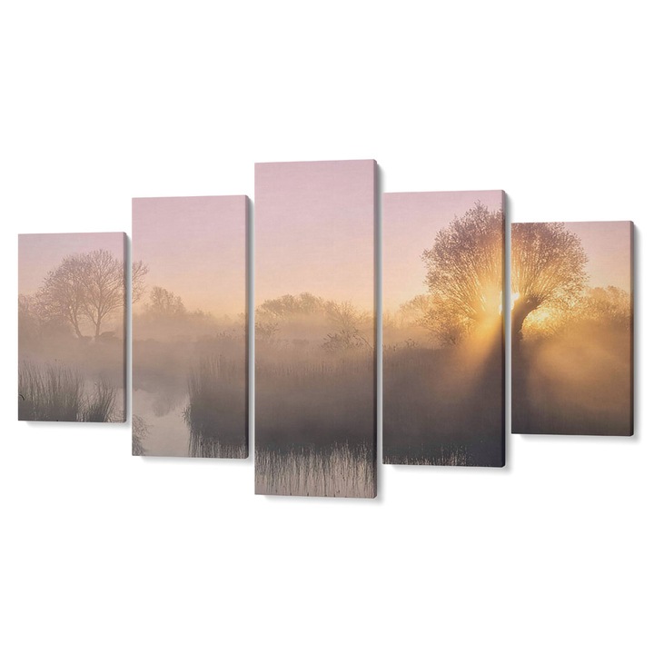 Комплект от 5 декоративни картини Tabouri Premium multicanvas декор, Дървета и езеро в залез жълто, 55 x 100 cm