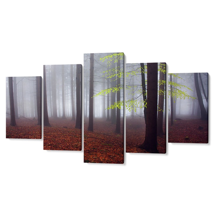 Комплект от 5 части Tabouri Premium multicanvas decor, Зелен клон в есенната гора, 105 x 200 см
