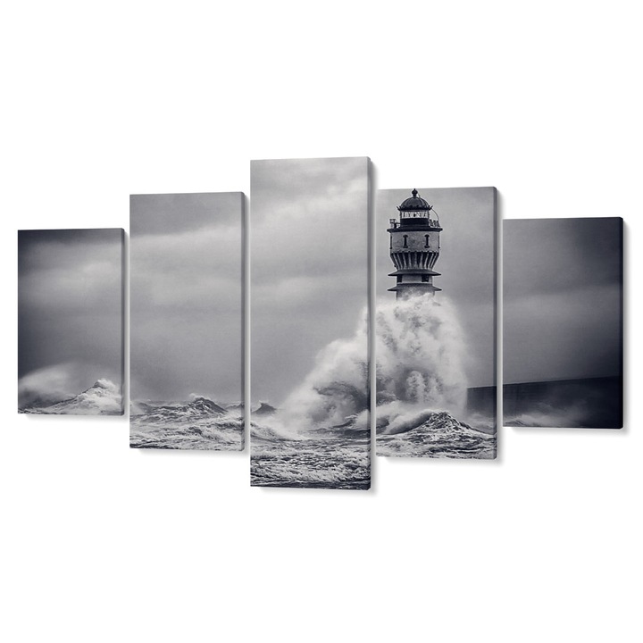 Комплект от 5 части Tabouri Premium multicanvas decor, Lighthouse ударен от вълни I, 105 x 200 cm